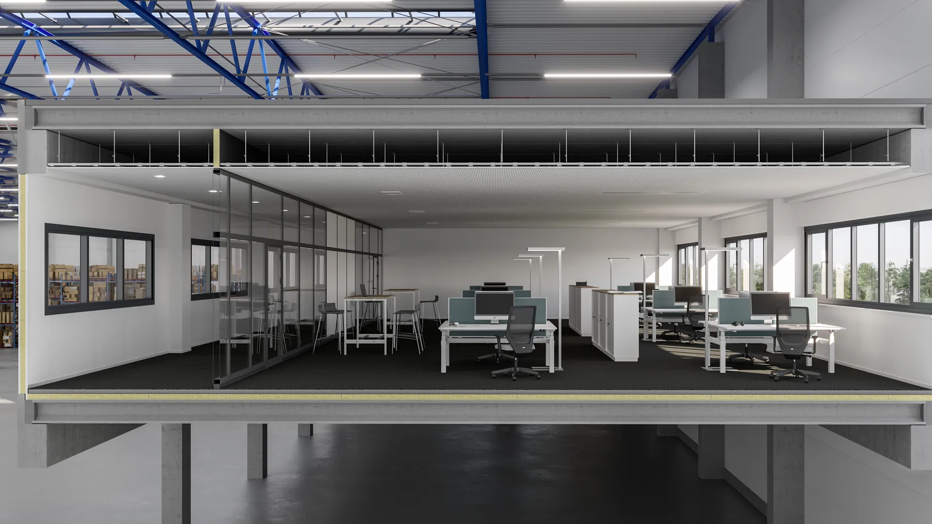 Gebäudequerschnitt mit Innenansicht der Büroräume und Ausstattung